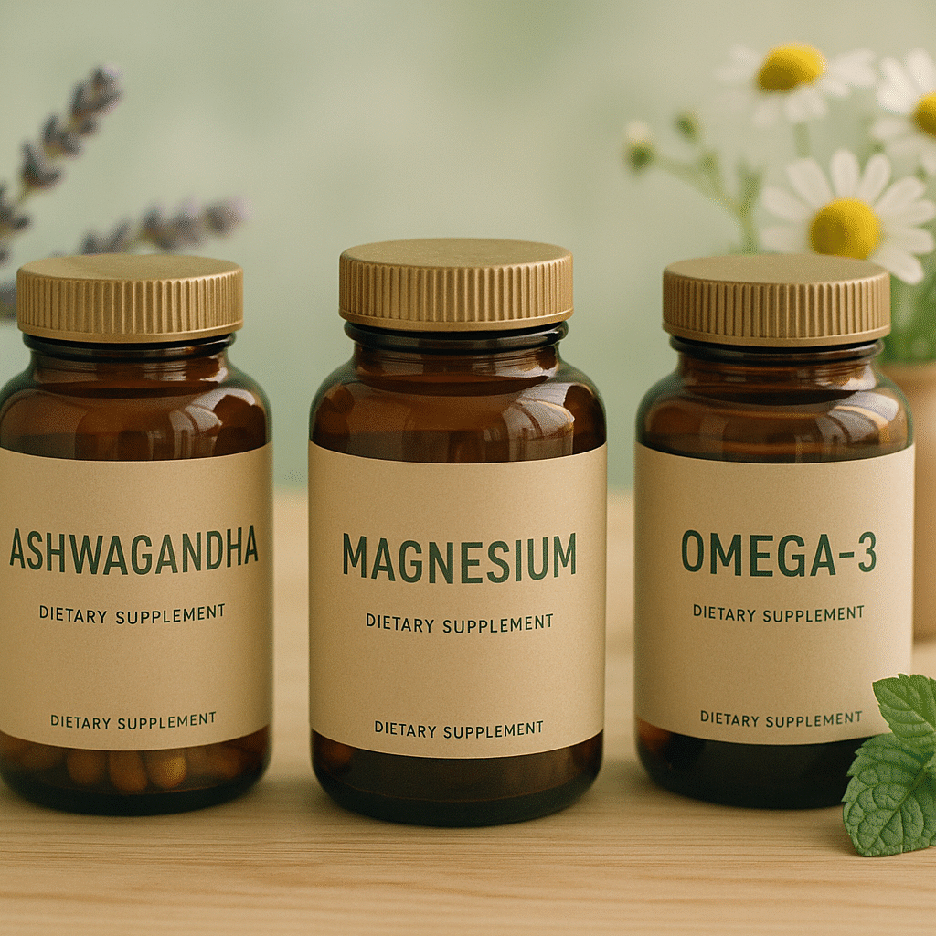 Three amber supplement bottles labeled Ashwagandha, Magnesium, and Omega-3 on a wooden surface with lavender, chamomile, and mint in the background