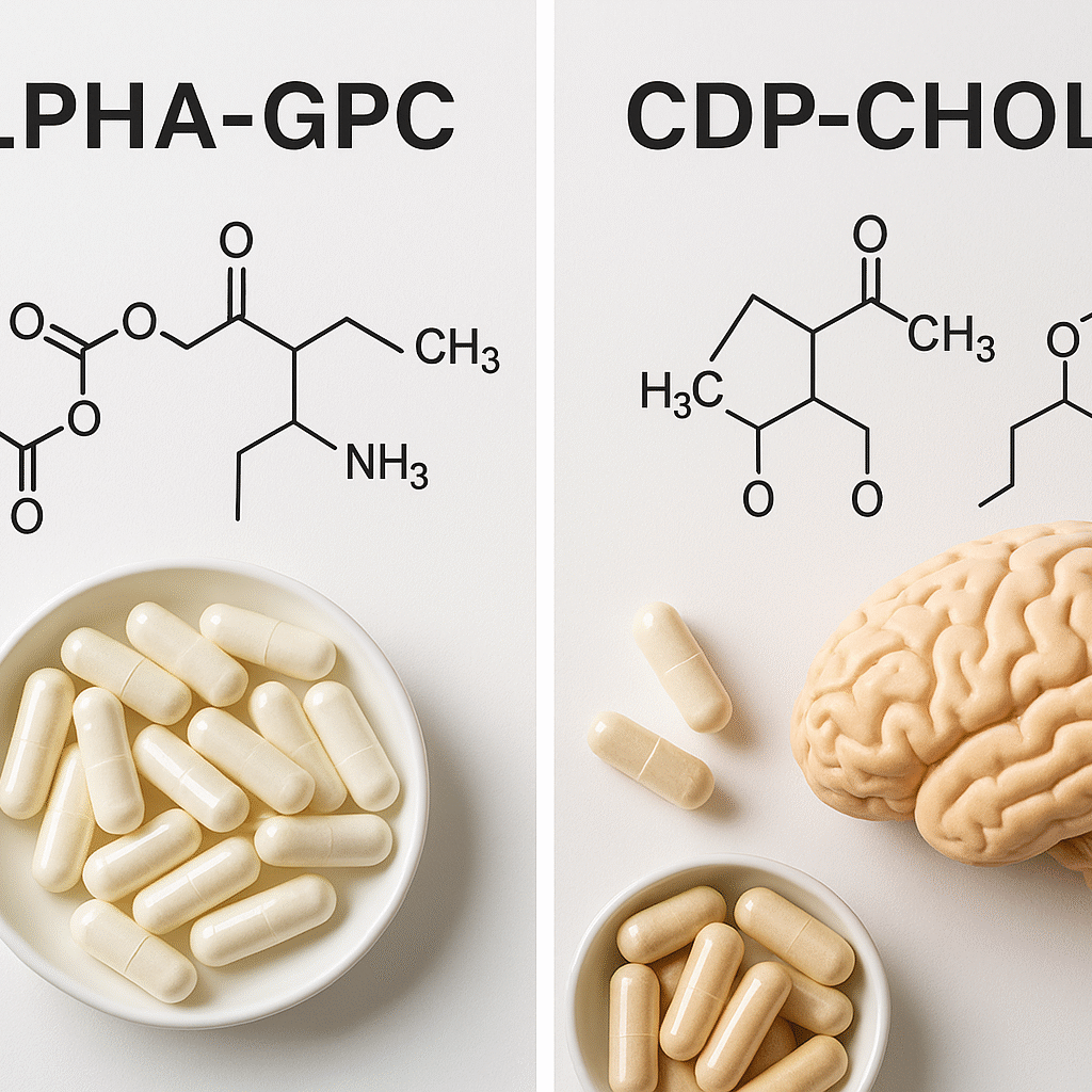 Split-screen molecular comparison of Alpha-GPC and CDP-Choline with supplements and brain imagery for cognitive health.