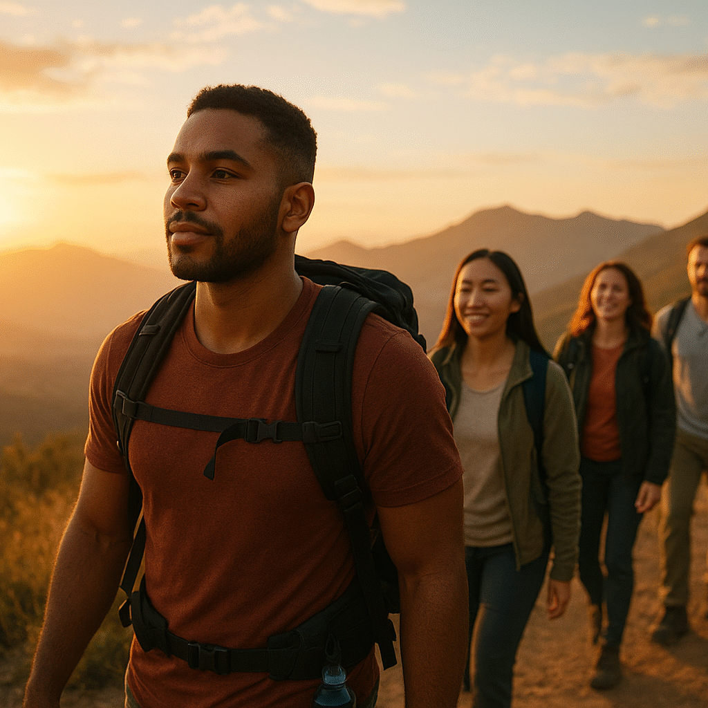 Diverse group hiking a mountain trail at sunrise, symbolizing hope and addiction recovery journey.