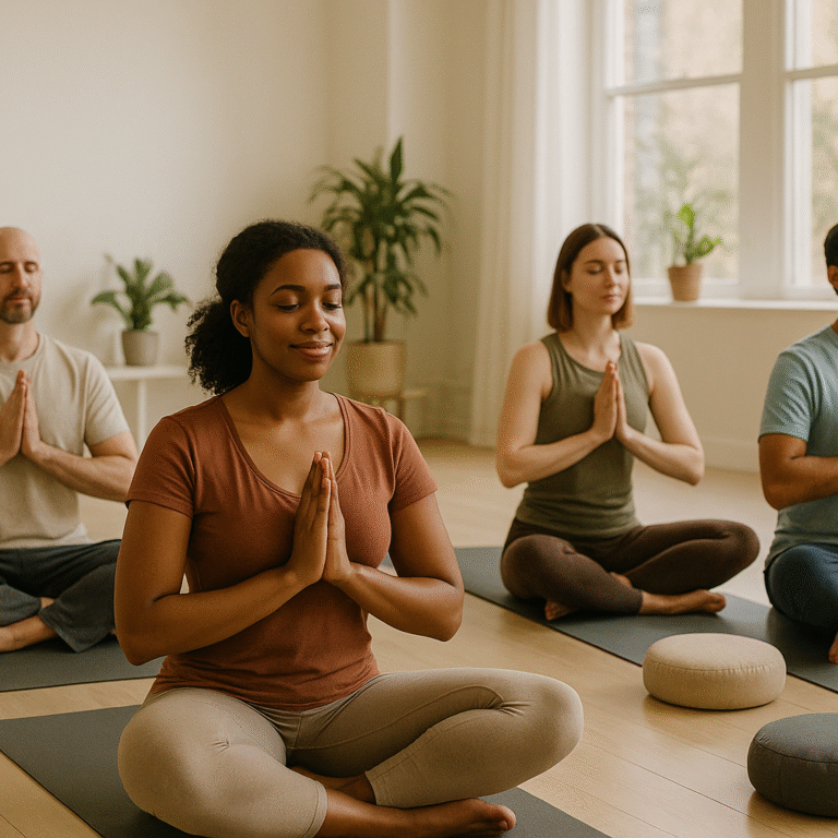 Diverse group of adults practicing seated yoga meditation in a bright, modern studio with natural light, plants, and meditation cushions.
