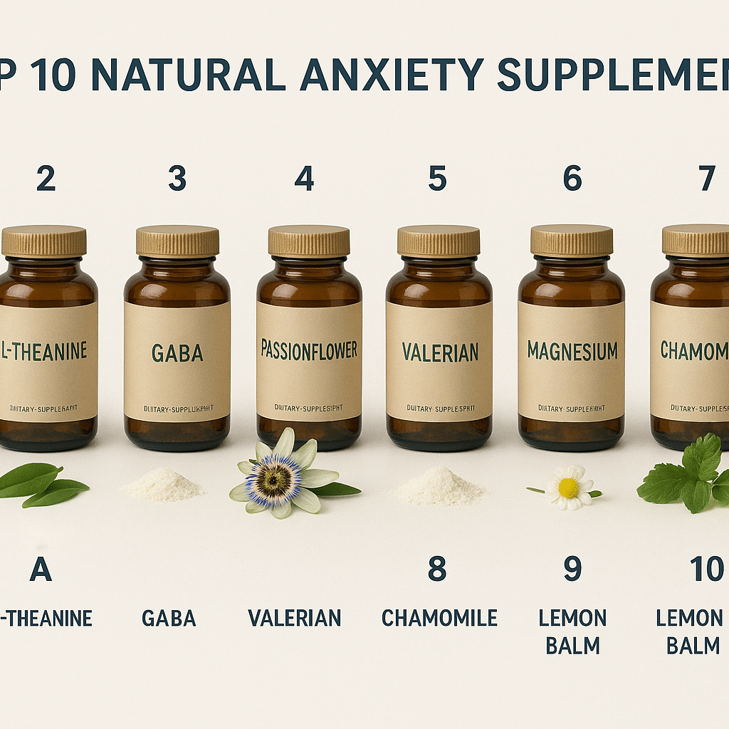 Professional layout of ten amber supplement bottles labeled Ashwagandha, L-Theanine, GABA, Passionflower, Valerian, Magnesium, Chamomile, Omega-3, and Lemon Balm, arranged in order with matching herbs and powders on a clean background