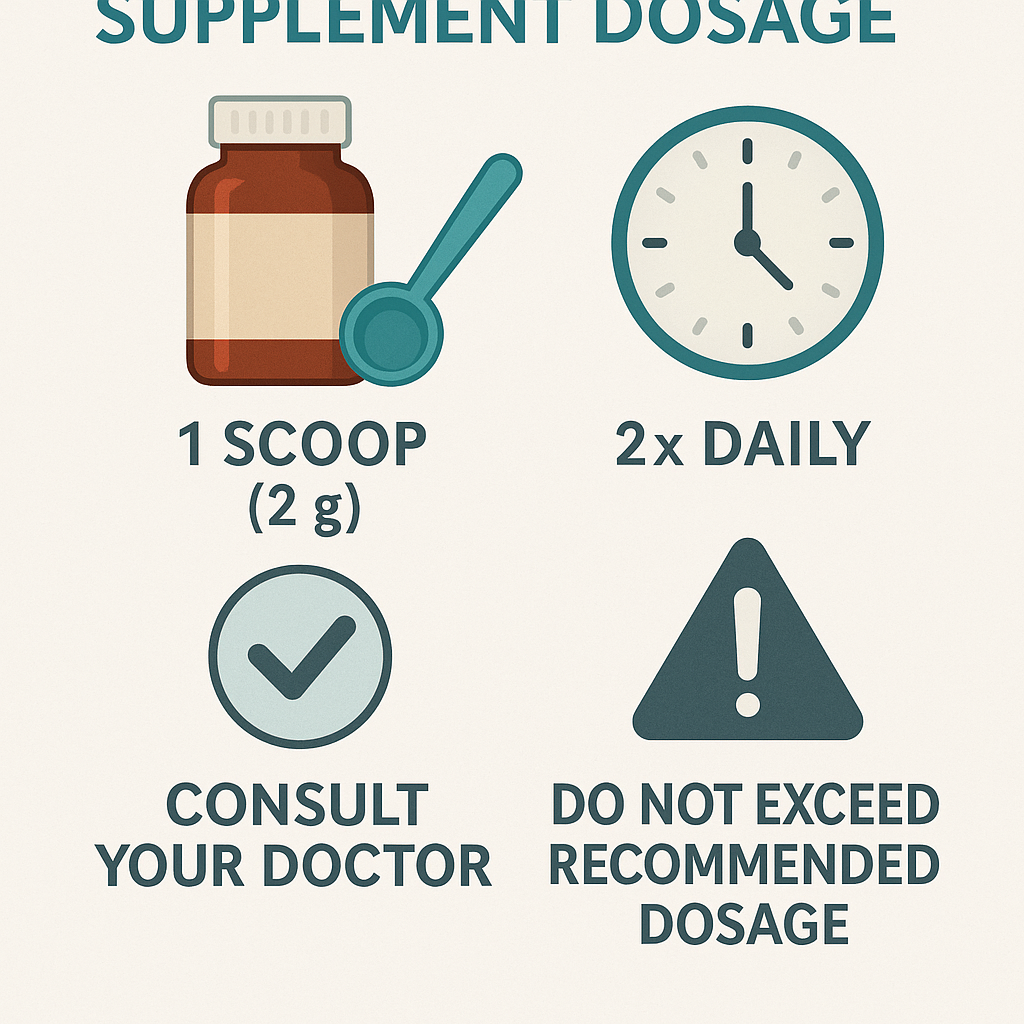 Infographic showing supplement dosage with icons for 1 scoop (2g), 2x daily timing, a consult-your-doctor check mark, and a warning symbol for not exceeding recommended dosage

