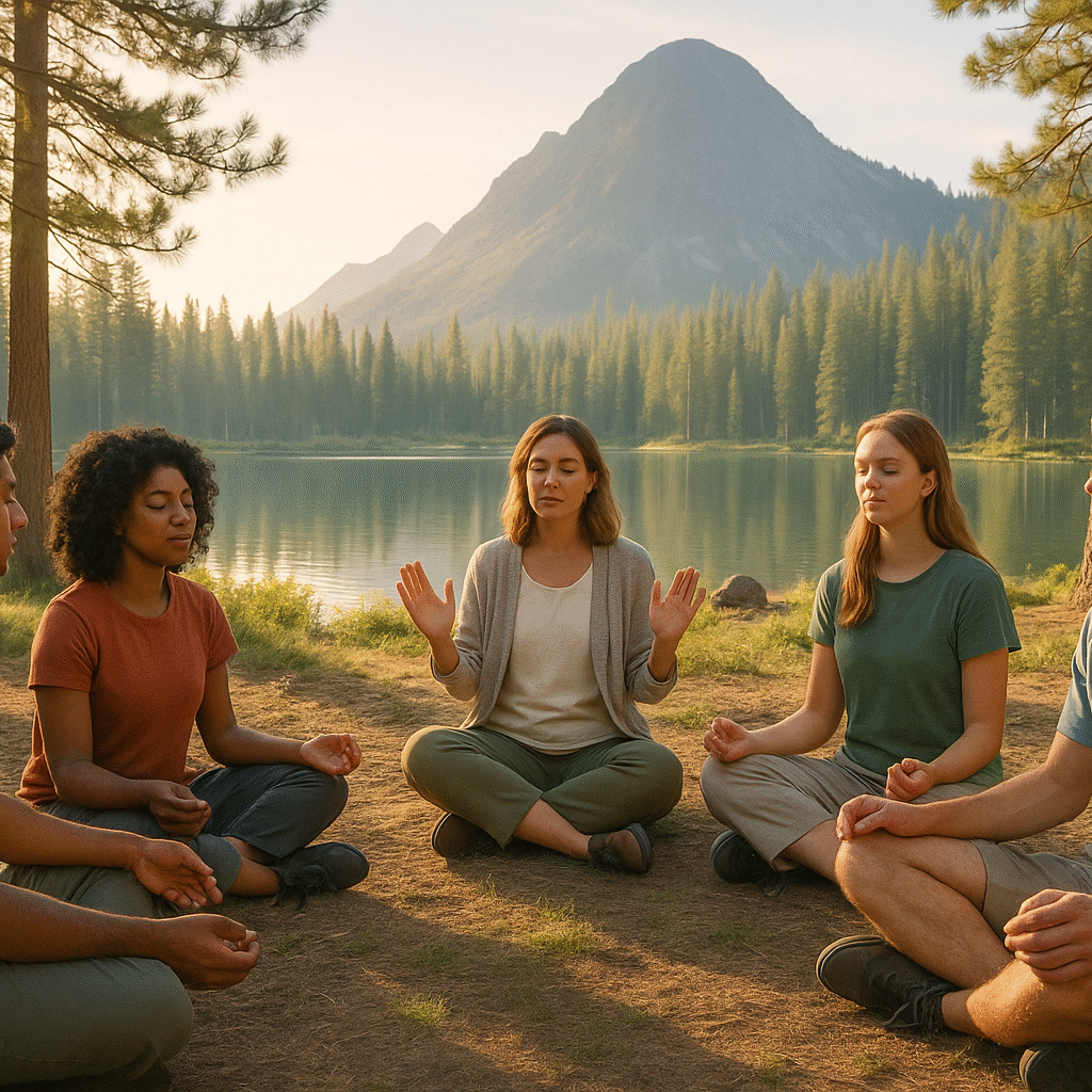 Diverse group of young adults participating in guided outdoor mindfulness meditation with a therapist by a serene mountain lake at sunrise